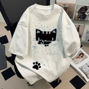 白灰色男女童短袖t恤纯棉潮牌复古猫咪印花夏季中大童宽松上衣服