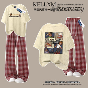 国潮潮流卡通男女童夏季纯棉扎染短袖t恤格子裤中大童宽松两件套