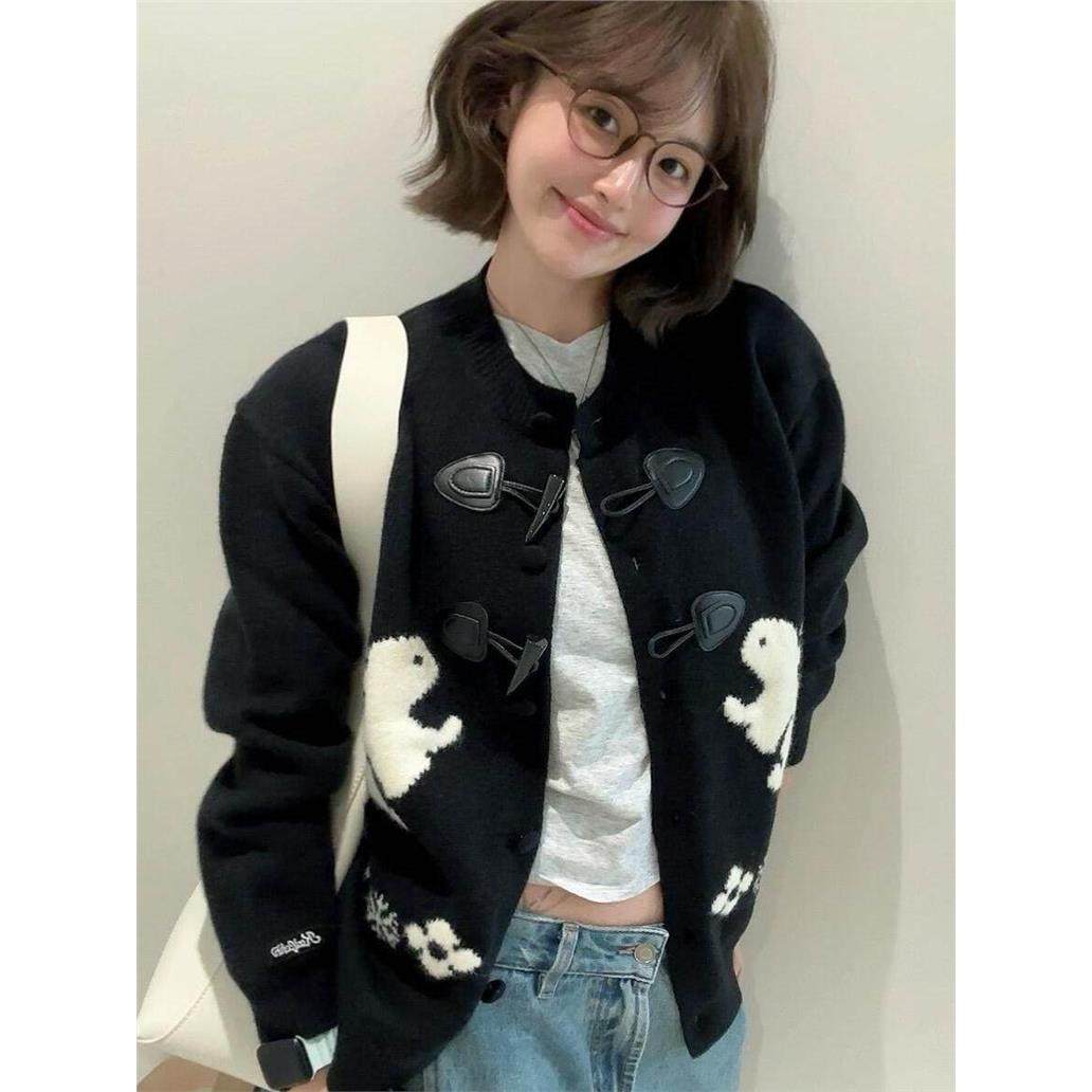 覆古费尔岛兔子提花牛角扣毛衣外套女秋季薄款圆领针织开衫短上衣,个性定制/设计服务/DIY,棉服工装,淘宝优惠券,粉丝福利购,淘宝优惠卷