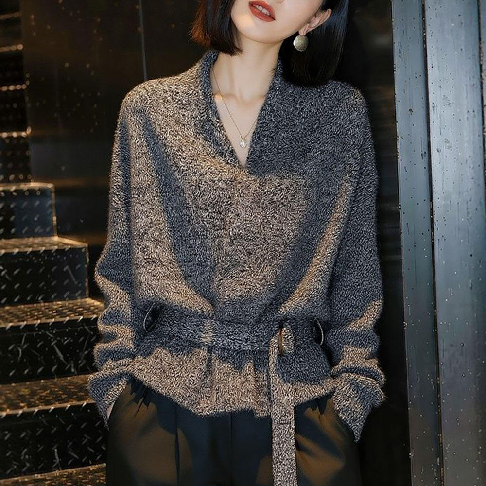 黑色V领针织开衫女秋冬慵懒高级感洋气减龄系带收腰毛衣外套上衣,个性定制/设计服务/DIY,棉服工装,淘宝优惠券,粉丝福利购,淘宝优惠卷