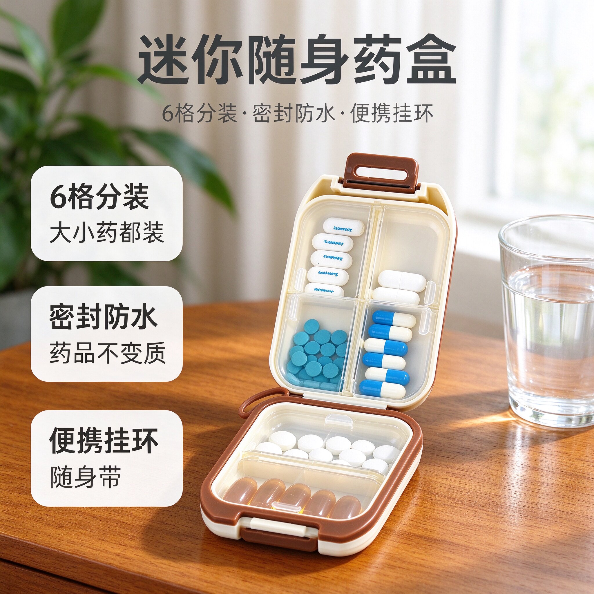 迷你药盒便携随身分装盒 6 格密封防水挂环设计小药盒老人旅行