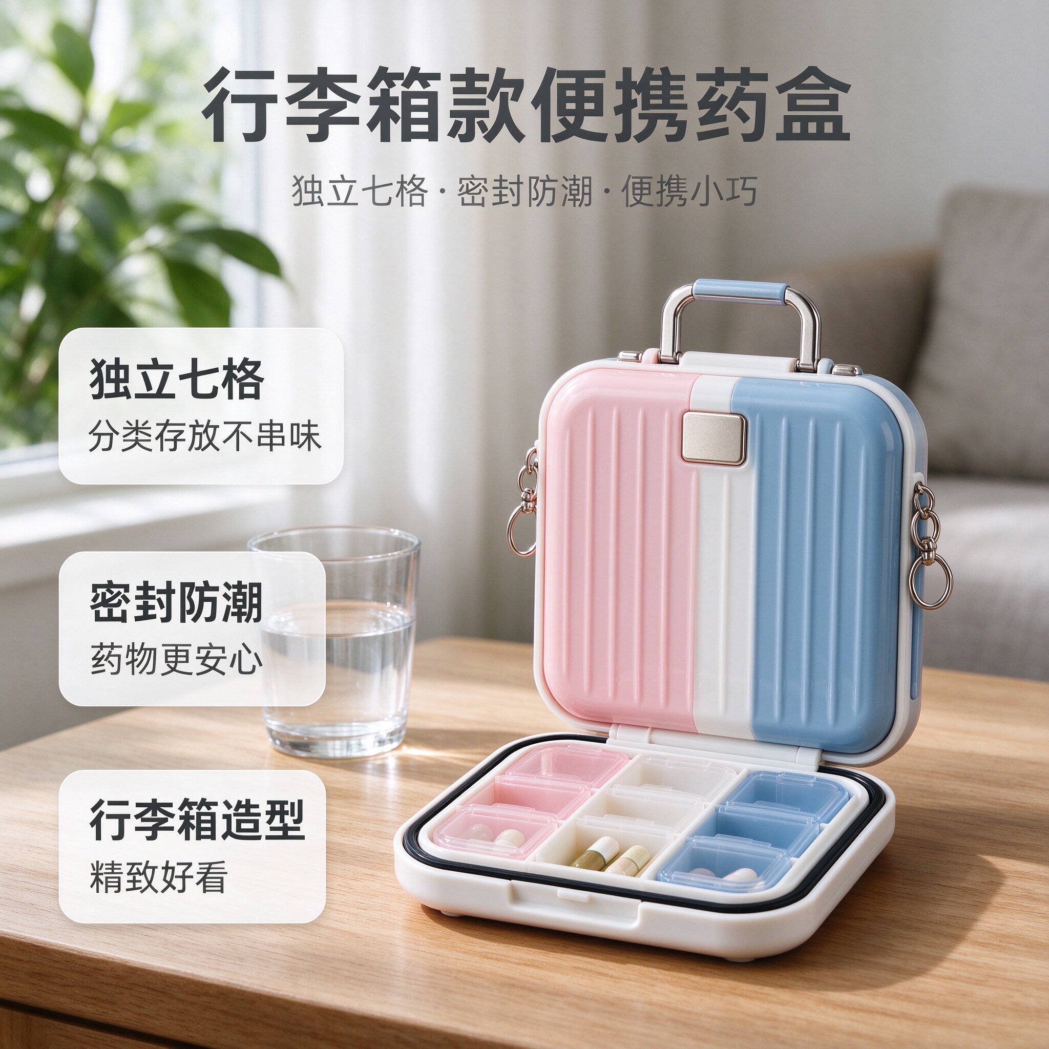行李箱款便携药盒独立七格密封防潮金属挂环老人旅行随身带药