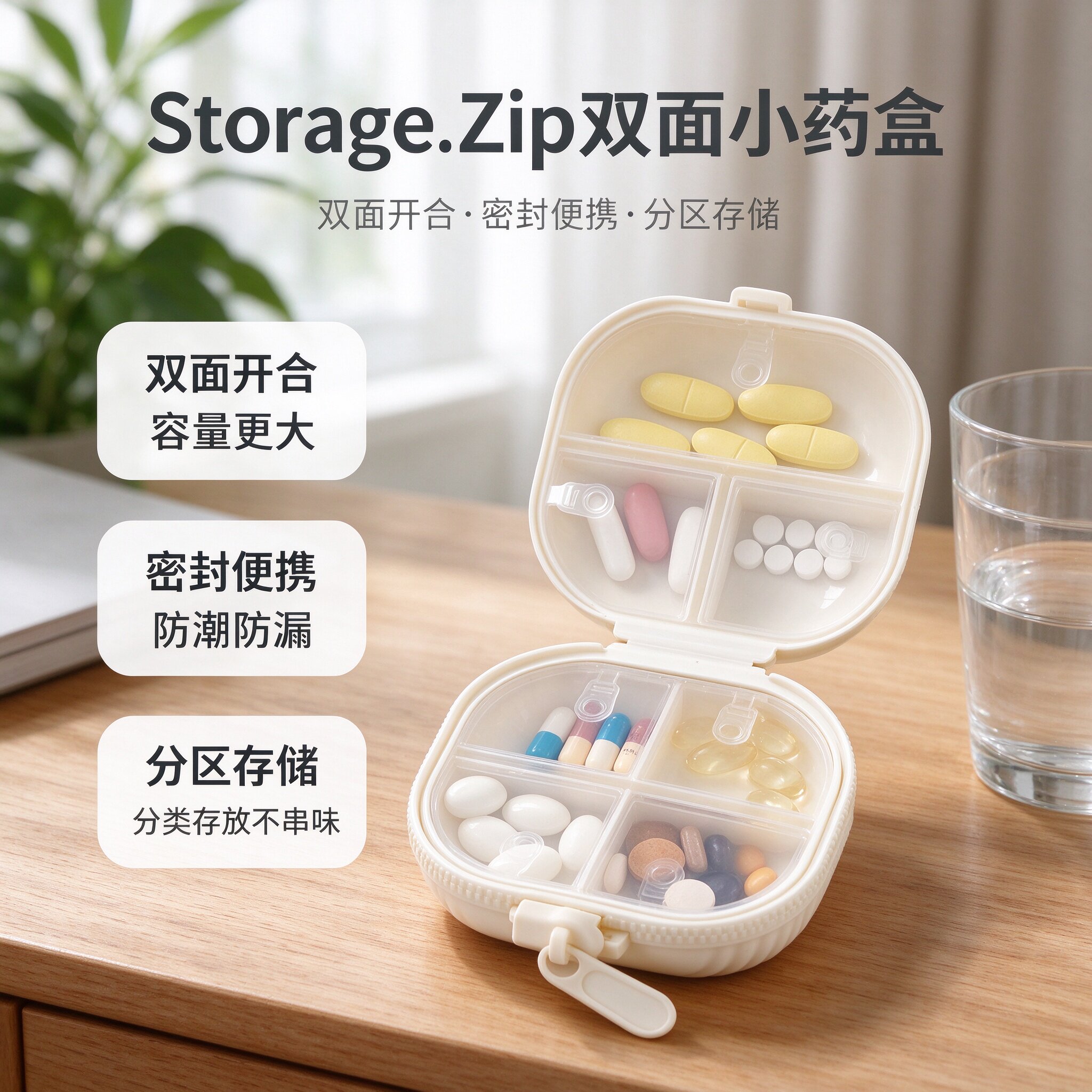 十格便携药盒独立内盖防潮密封分类存放老人旅行随身带药