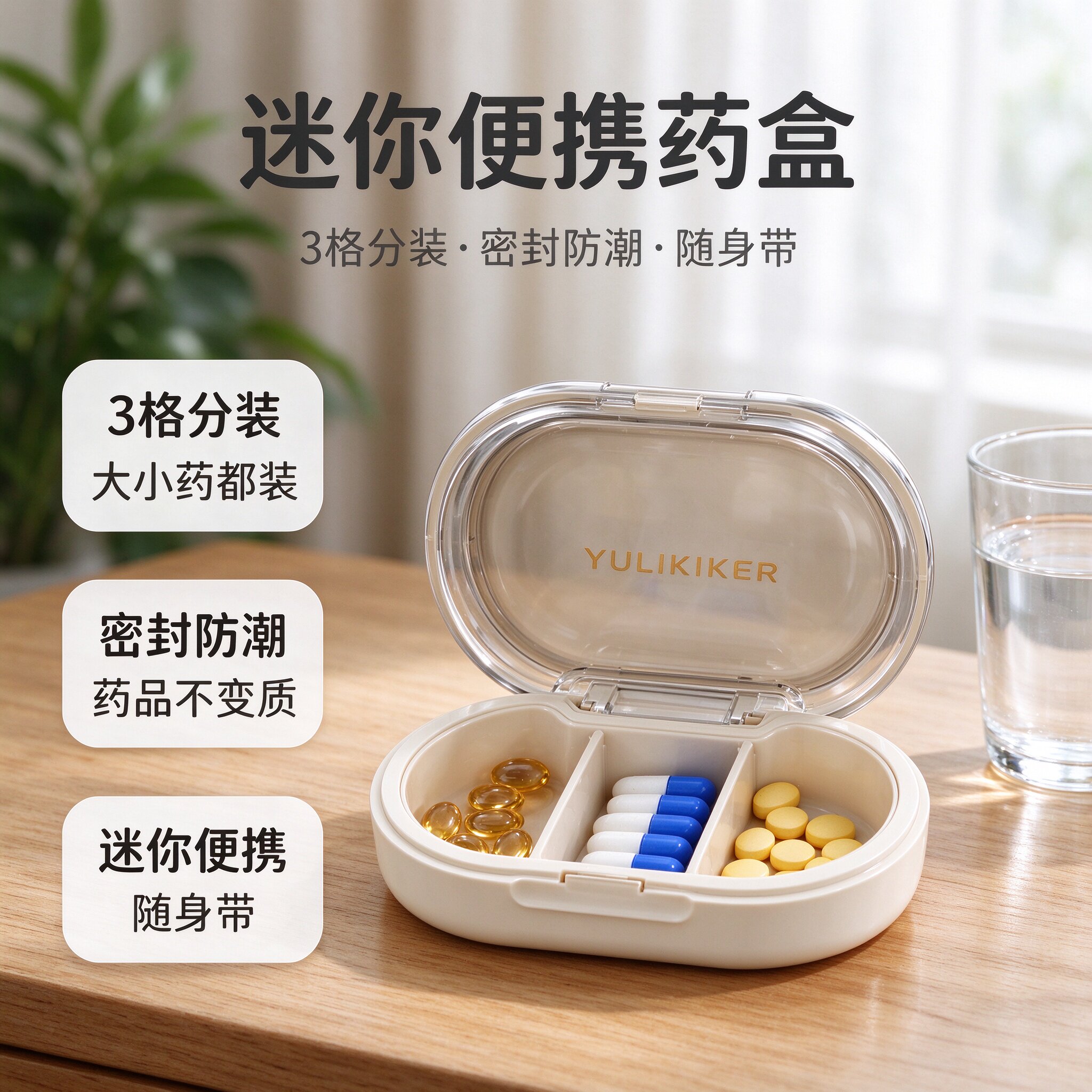2026年分药盒迷你 3 格便携随身密封防潮透明翻盖小药盒老人出差