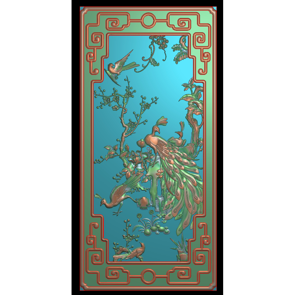 精雕图花鸟沙发背板 浮雕竖版灰度后背门板JDP电脑雕刻梅花孔雀H3