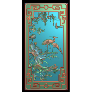 精雕图花鸟沙发背板 浮雕竖版荷花鸳鸯灰度后背门板JDP电脑雕刻H1