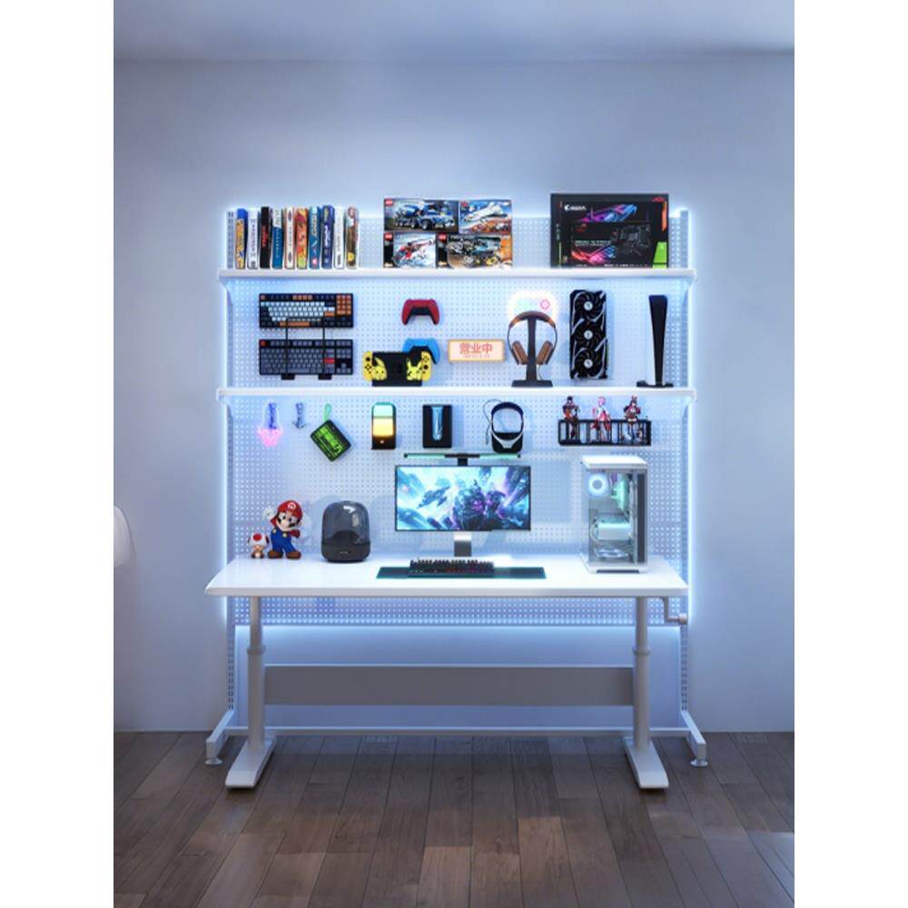 白色电竞桌家用台式电脑桌带洞洞板置物架工作台书桌书架一体桌子