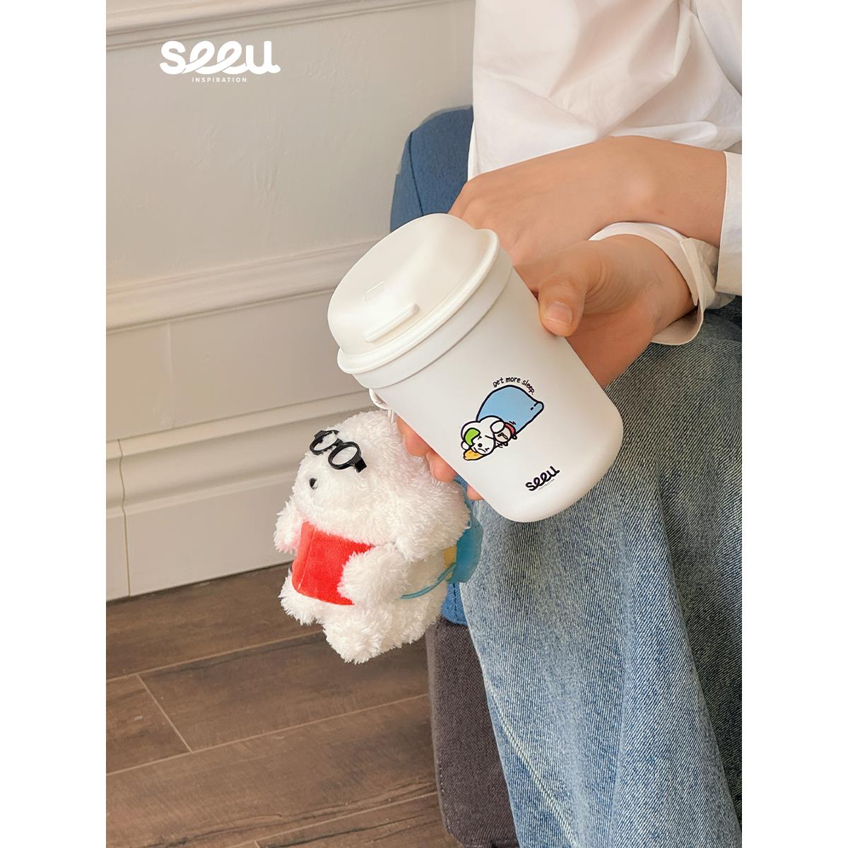 seeu懒觉小狗保温杯一杯双盖316不锈钢保冷办公室吸管水杯子400ml