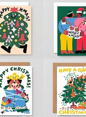 英国进口卡片 Wrap 圣诞新年节日祝福贺卡顽皮呆萌插画礼物明信片