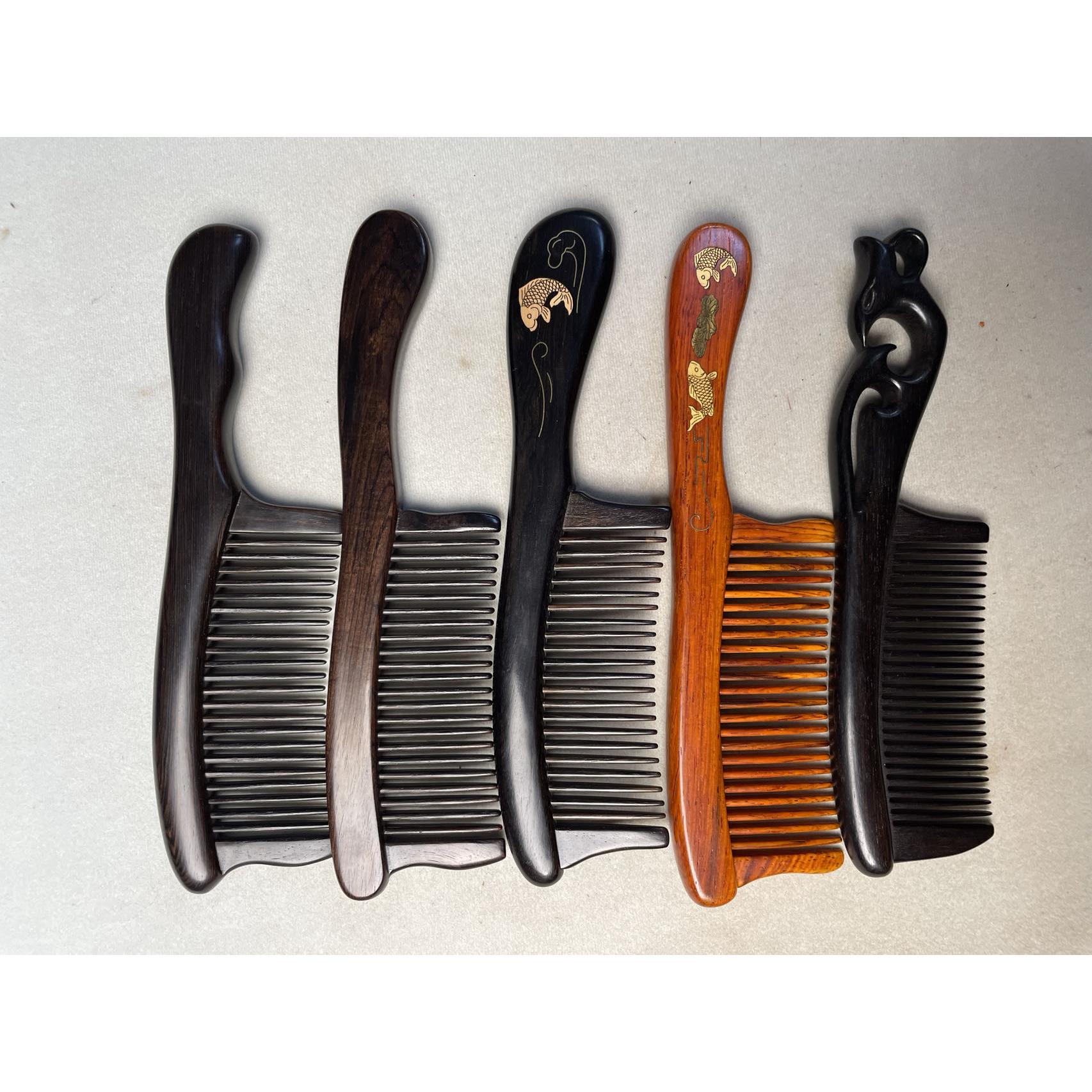 微凹黄檀，紫光檀带柄镶嵌便携插齿细密齿插齿木梳礼盒装