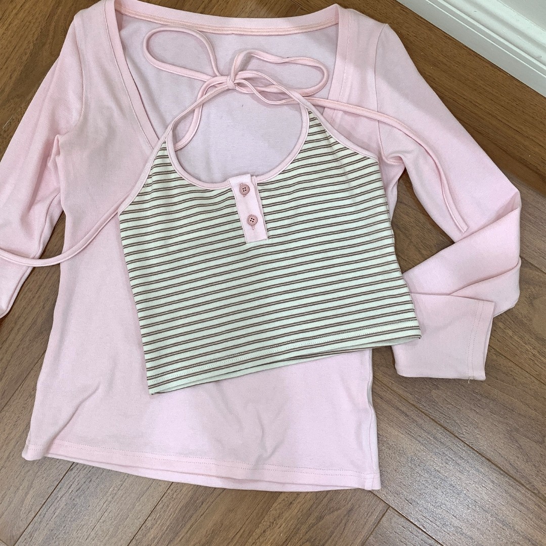 人棉260克粉拼条纹甜美长袖t恤女春季修身显瘦独特内搭打底两件套,女装/女士精品,T恤,淘宝优惠券,粉丝福利购,淘宝优惠卷