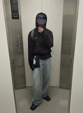 [DRKK]ll up蓝色水洗做旧baggy阔腿直筒kenijima同款牛仔长裤宽松