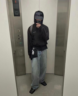 阔腿直筒牛仔长裤蓝色水洗做旧