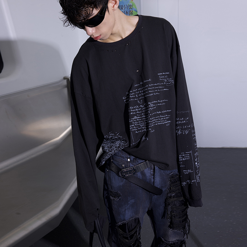 爱因斯坦手稿印花水洗破坏长袖