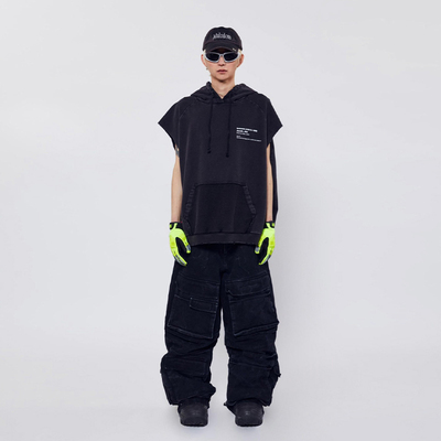 黑色水洗做旧坎肩背心卫衣