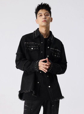 ［DRKK］新因素金属朋克铆钉设计感牛仔外套秋季毛边高级黑色夹克
