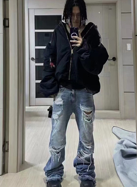 [DRKK]ycar archive 水洗破坏休闲长裤 刀割微喇流苏牛仔裤vibe潮