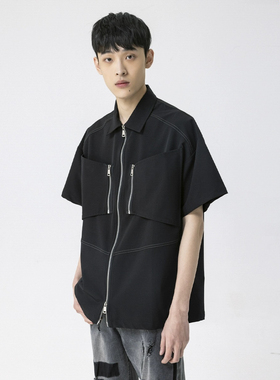［DRKK］新因素黑色休闲短袖衬衫拉链门襟立领潮流夏季男士上衣