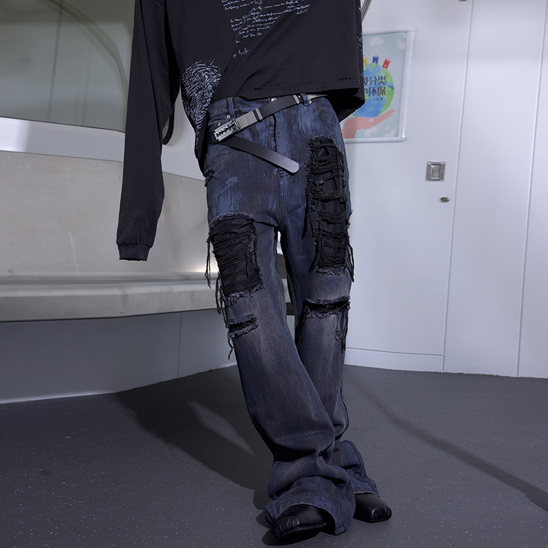 做旧拖地牛仔裤黑蓝泥染破坏手绘
