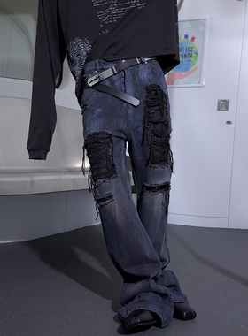 [DRKK]TRIANGLE PROJECT 24AW 黑蓝泥染破坏手绘做旧涂层微喇拖地