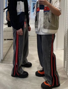 [DRKK]oject设计师 双拉链牛仔裤休闲长裤朴宰范同款微喇叭裤男女