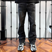 DRKK 重磅做旧水洗黑色 磨边修身 直筒微喇叭弹力复古牛仔长裤