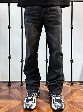 [DRKK]IC 重磅做旧水洗黑色 磨边修身直筒微喇叭弹力复古牛仔长裤