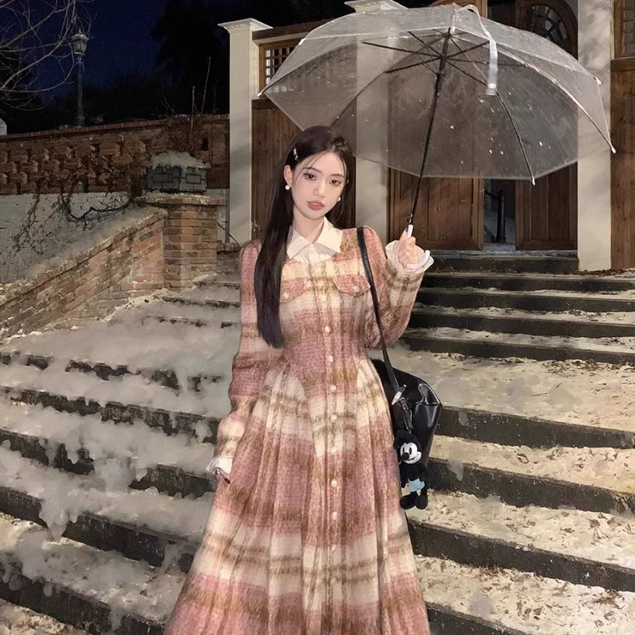 假两件格子连衣裙女秋冬2025新款甜美法式收腰显瘦毛呢长袖蓬蓬裙