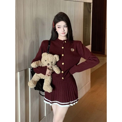 长袖针织开衫百褶半身裙两件套女