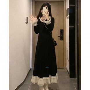 大码 赫本风连衣裙秋冬胖mm显瘦收腰打底内搭气质优雅茶歇裙子 法式