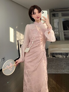 新中式国风小个子旗袍新款2026春季改良少女年轻款粉色长袖连衣裙