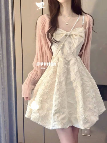 蝴蝶结吊带连衣裙仙女珍珠小个子