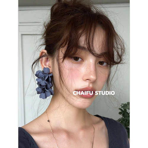法式雾霾色仿真花朵双层耳钉耳环