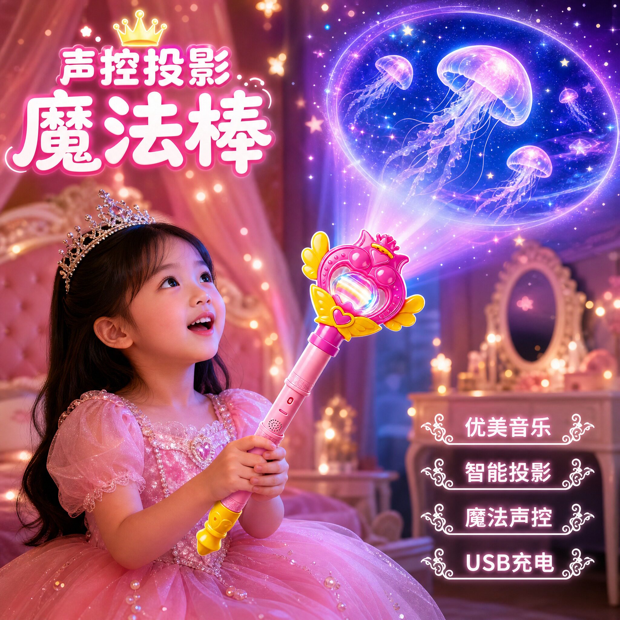 女孩声控发光魔法棒投影爆款玩具