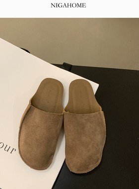 Niga Home 真皮露跟居家拖鞋绒面平底包头半拖 11011500107