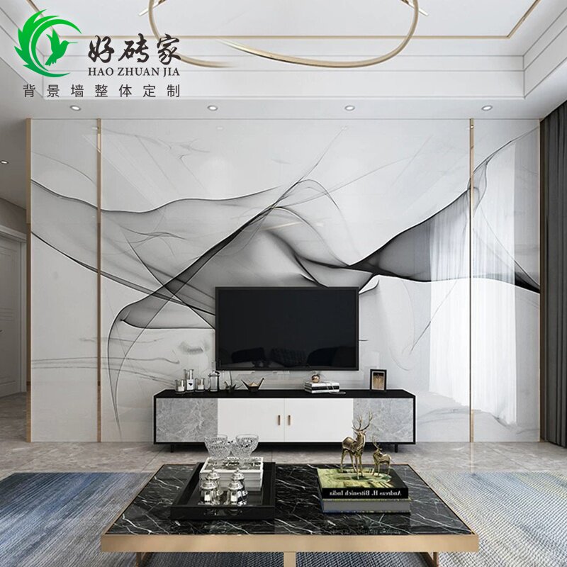 瓷砖电视背景墙微晶石客厅简约现代艺术影视墙仿大理石材金属条