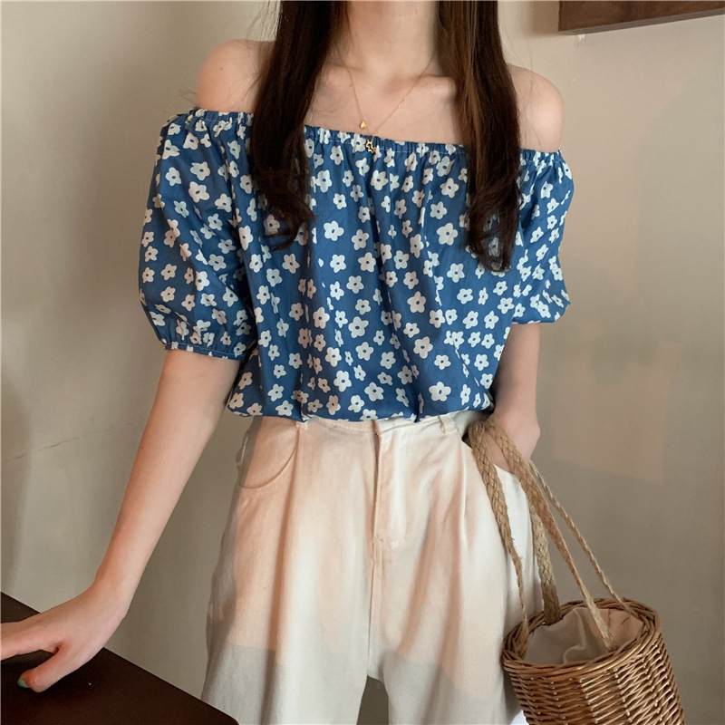 夏天一字肩上衣大码女装夏季宽松碎花普吉岛短袖雪纺衫胖夏季