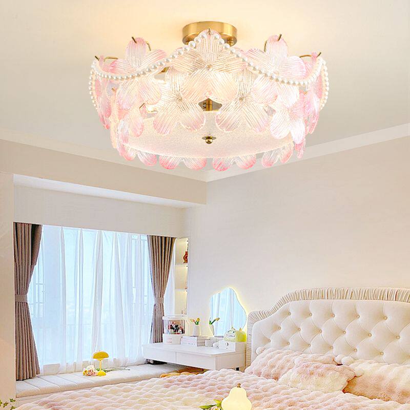 卧室灯法式奶油花朵温馨房间灯水晶玻璃花朵主卧灯轻奢护眼吸顶灯