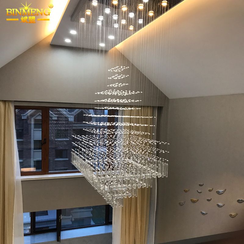 豪华别墅水晶复式楼梯灯长吊灯网红正方形轻奢二层客厅酒店大堂灯