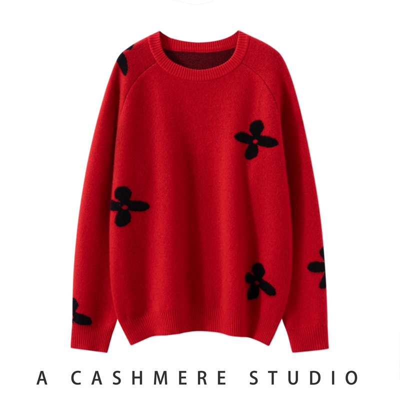 100%纯山羊绒衫女圆领宽松保暖