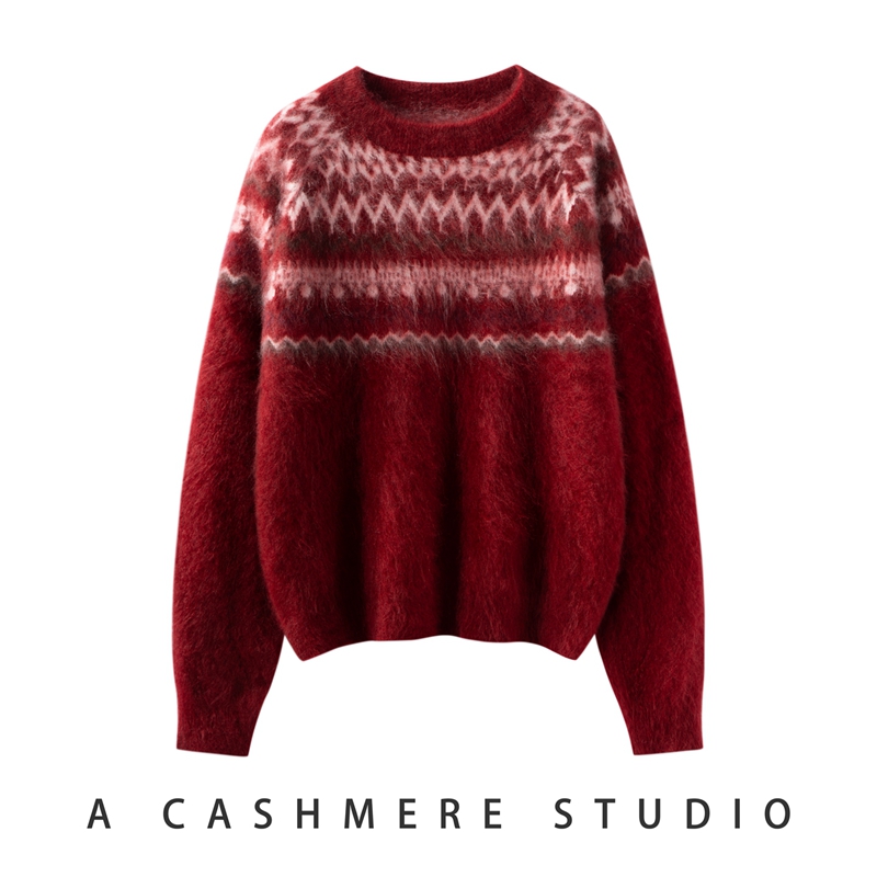 100%纯山羊绒衫女费尔岛风提花