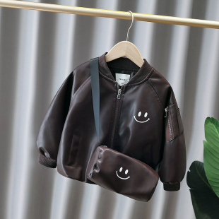 男童皮衣棒球服2025新款儿童休闲小背包皮夹克PU皮夹子男孩皮外套