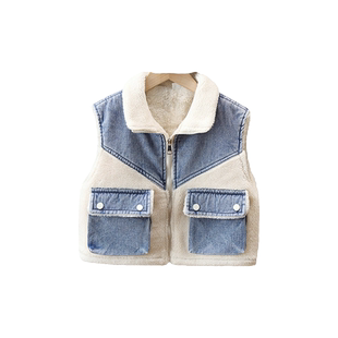 男童加绒马甲秋冬款洋气羊羔绒男孩坎肩背心外穿保暖儿童牛仔马夹
