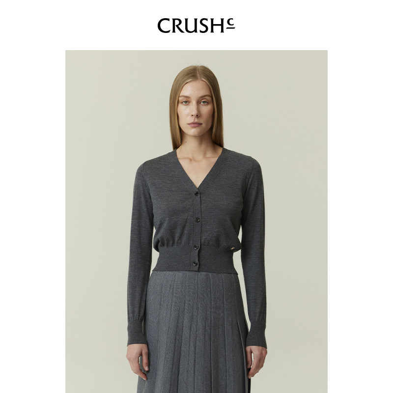 CRUSH Collection冬季新款时尚灰色V领针织开衫休闲羊绒衫