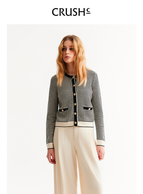 CRUSH Collection2026年早春新款慵懒风多彩条纹撞色圆领针织开衫