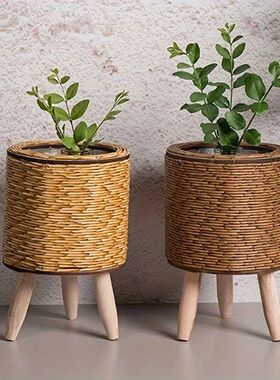 Charming Rustic Rattan Planter With Wooden Legs - Versatile