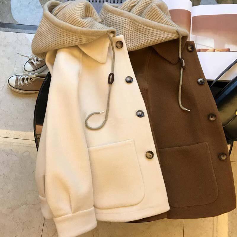 大码女装针织连帽假两件外套上衣胖mm秋冬季新款仿毛呢外套女开衫