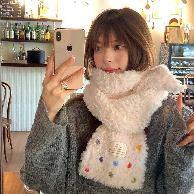 Colored button down plush thick scarf for women in autumn an