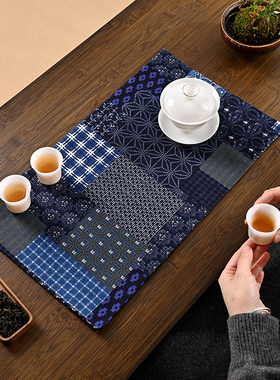 日式加厚双层主人席干泡民族风棉质茶席蓝色几何拼色百搭茶桌垫