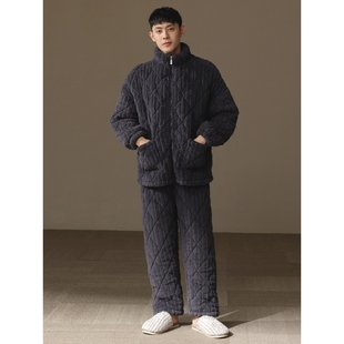 全棉纯棉【超厚】珊瑚绒睡衣男款冬季三层夹棉加厚棉袄保暖家居服